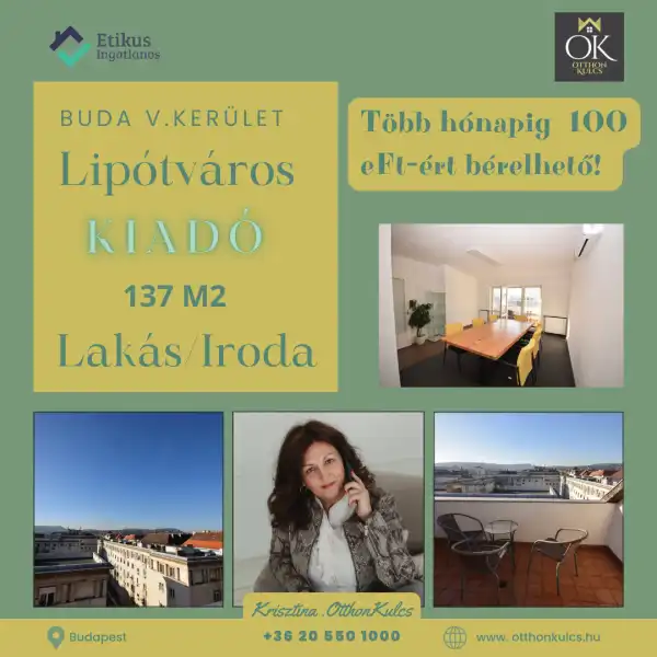Kiadó tégla lakás, Budapest, V. kerület 5 szoba 137 m² 560 E Ft/hó